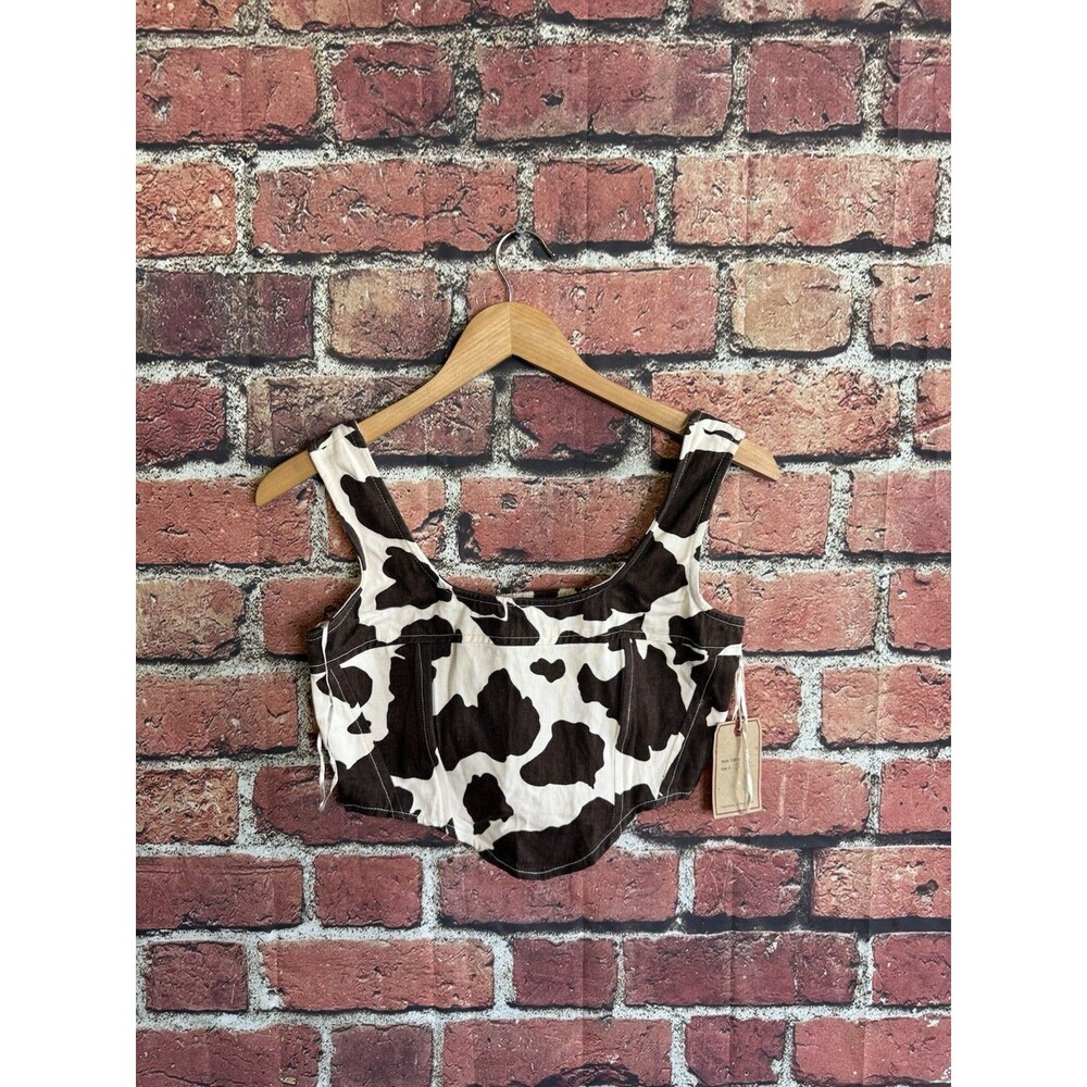 Stylish Lone Star Cow Print Corset Black/White Denim Crop Top Womens Size Sm NWT